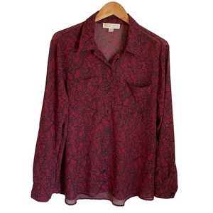 Michael Kors Womens Xl Burgundy Black Floral Blouse Top Roll Tab Button Front